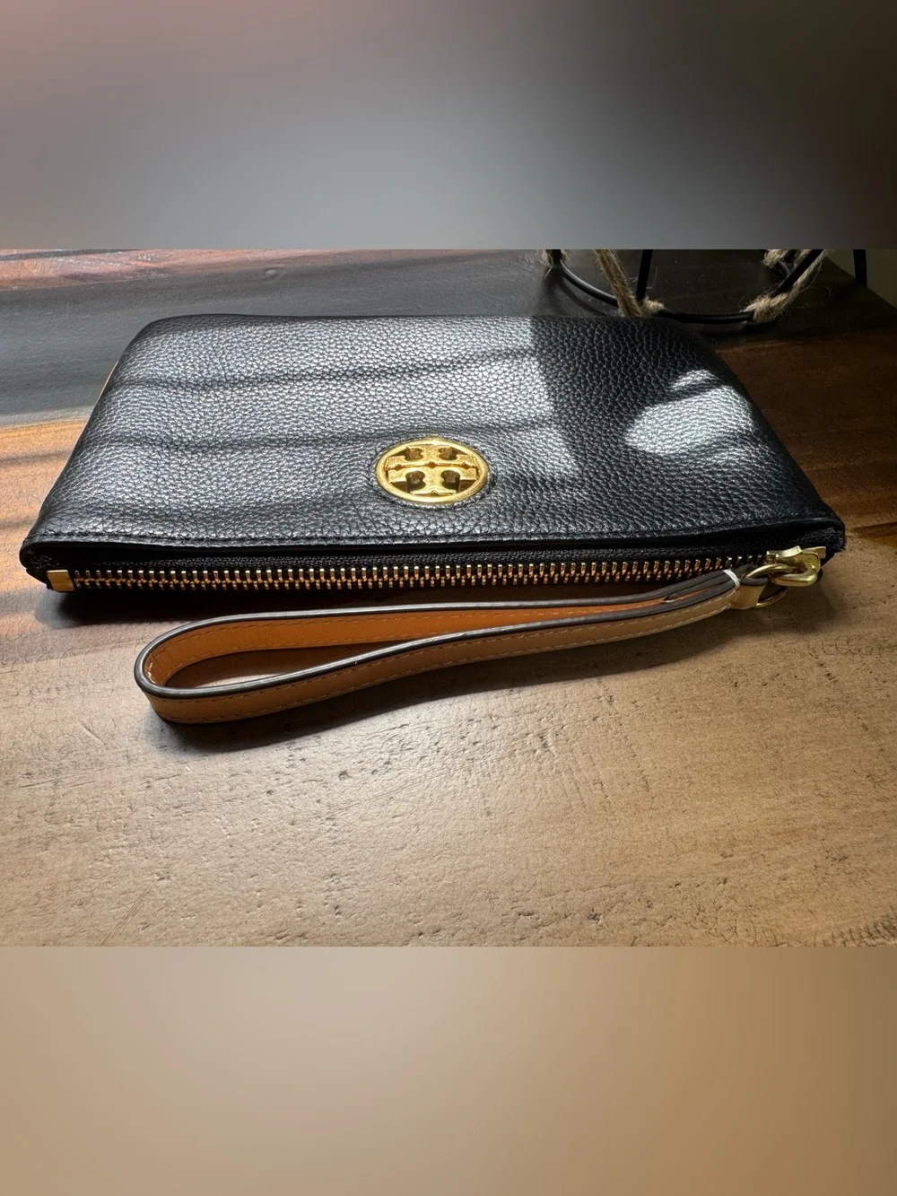 Tory Burch Black Pebbled Leather Wristlet with Gold Logo-Like New
